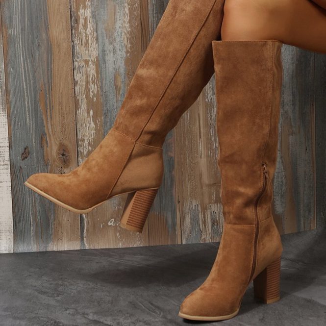 Boots | Womens  Beige Wide Fit Faux Suede Square Toe Block Heel Knee High Boots Boots Beige