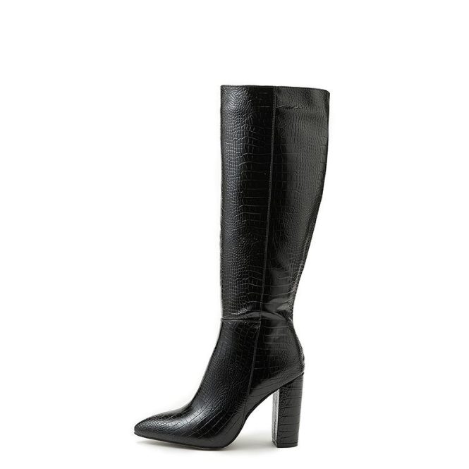 Boots | Womens  Black Pu Croc Square Toe Knee High Heeled Knee Boots Boots Black