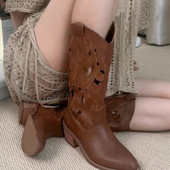 Boots | Womens  Brown Grain Pu Point Toe Stud Detail Knee Calf High Western Boots Boots Boots