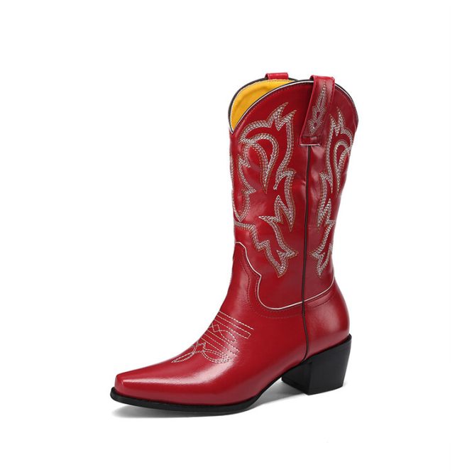 Boots | Womens  Cherry Red Pu Point Toe Low Block Heel Stitched Western Boots Boots Boots