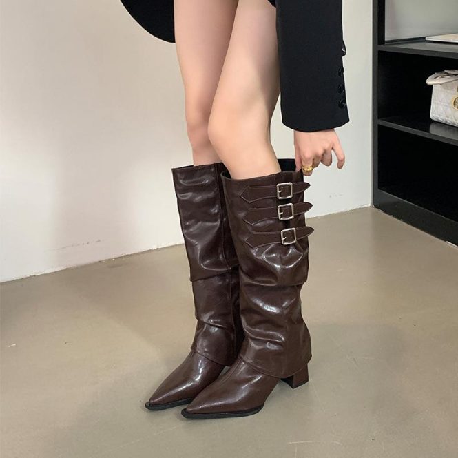 Boots | Womens  Chocolate Pu Buckle Detail High Stiletto Heel Knee High Boots Boots Boots