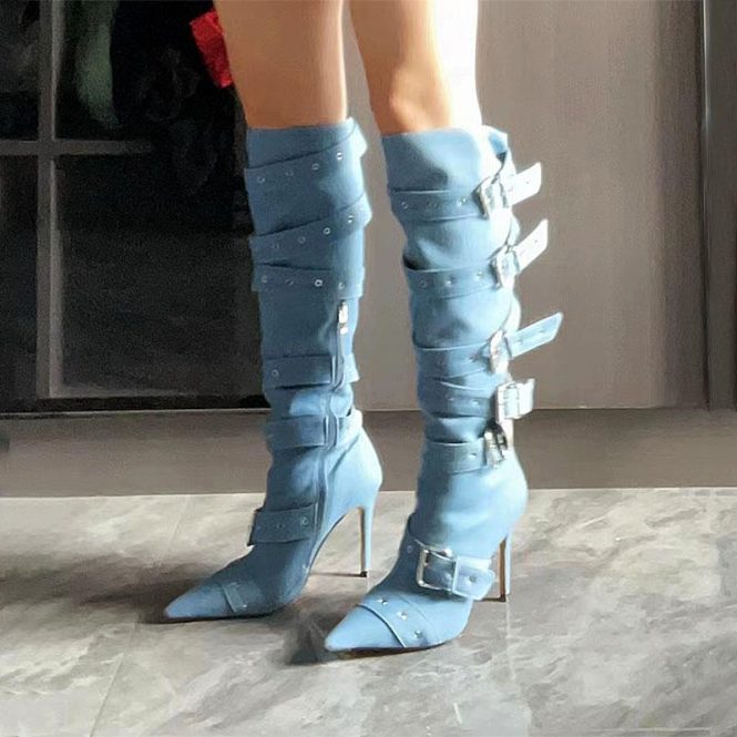 Boots | Womens  Stone Denim Point Toe Buckled Over The Knee Heeled Boots Boots Boots