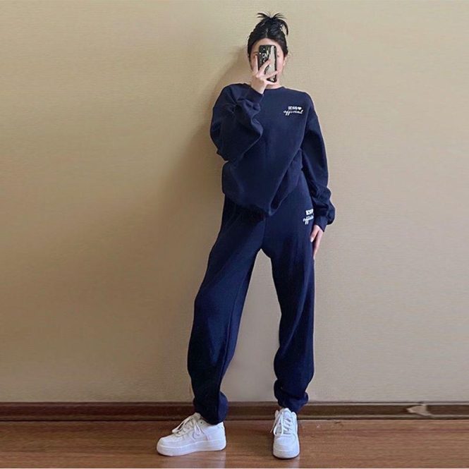 Co-Ords | Womens  Prettylittlething Navy Premium Print Oversized Sweatshirt Clothing Co-Ords