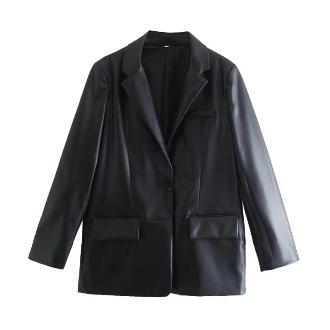 Coats & Jackets | Womens  Black Pu Pocket Look Double Button Blazer Clothing Black