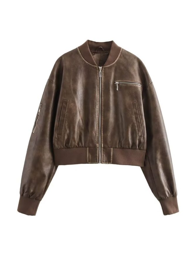 Coats & Jackets | Womens  Brown Faux Leather Mottled Texture Zip Detail Bomber Jacket Clothing Brown