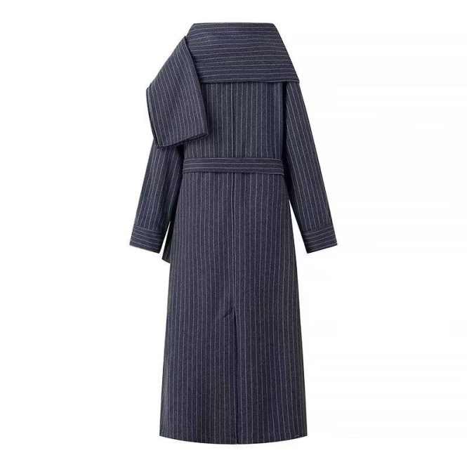 Coats & Jackets | Womens  Tall Navy Pinstripe Tie Belt Maxi Trench Coat Clothing Coats & Jackets