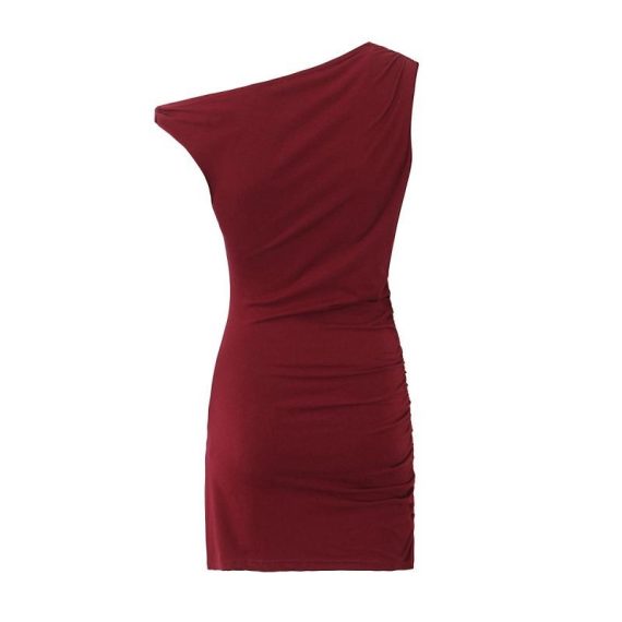 Dresses | Womens  Burgundy Slinky Acetate Ruched One Shoulder Mini Dress Clothing Burgundy