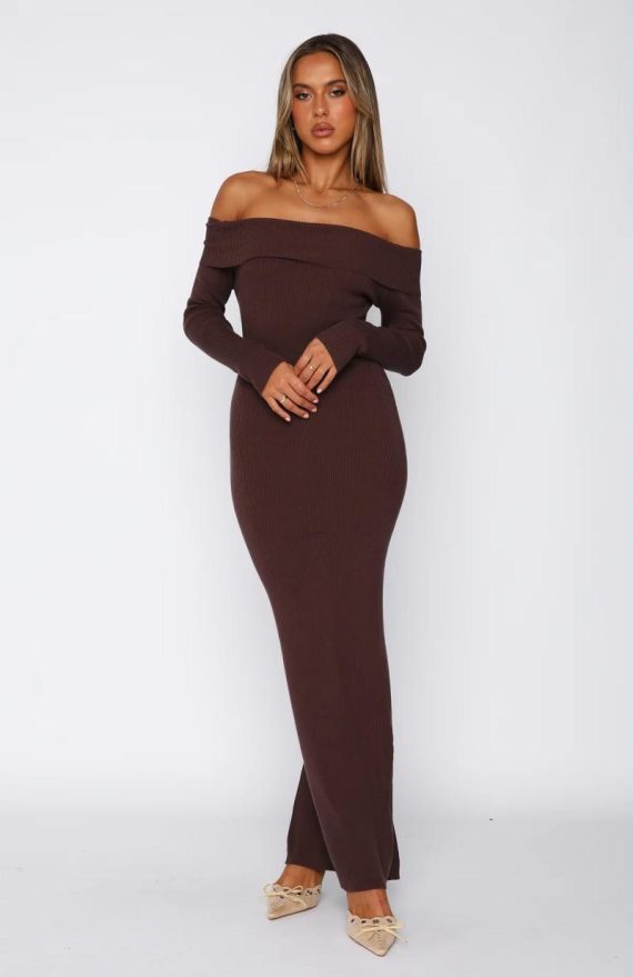 Dresses | Womens  Chocolate Crepe Long Sleeve Bardot Maxi Dress Clothing Chocolate