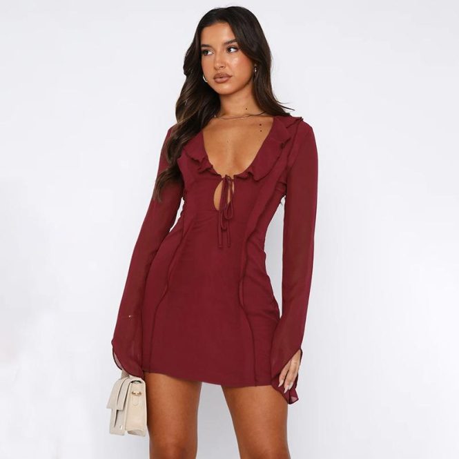 Dresses | Womens  Chocolate Slinky Tie Front Long Sleeve Bodycon Dress Clothing Chocolate