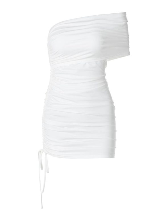 Dresses | Womens  Petite White Soft Touch One Shoulder Ruched Side Mini Dress Clothing Dresses