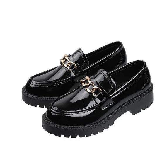 Flats | Womens  Black Pu Round Toe Chunky Sole Chain Loafers Flats Black