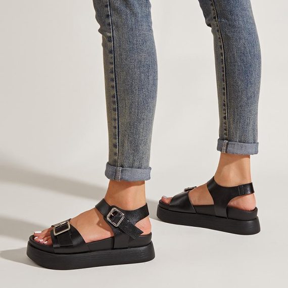 Flats | Womens  Black Pu Square Buckle Detail Sandals Flats Black