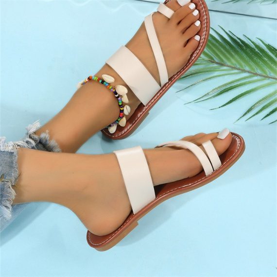 Flats | Womens  White Wide Fit Twin Strap Basic Leather Sandals Flats Flats