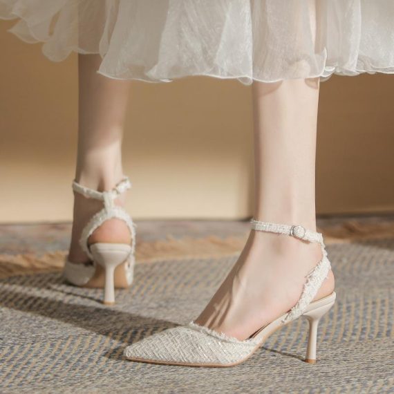 Heels | Womens  Beige Canvas Point Toe Frayed Edge High Heeled Courts Heels Beige