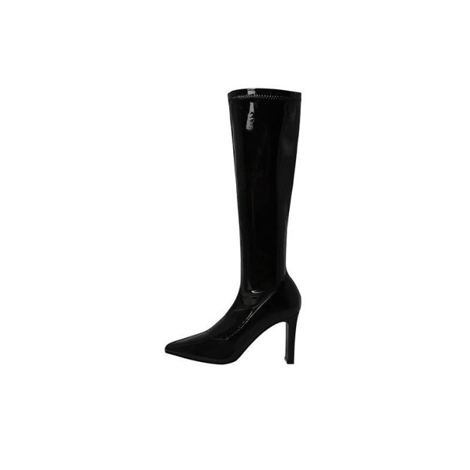 Heels | Womens  Black Patent Pu Point Toe Stiletto Heeled Knee High Boots Heels Black