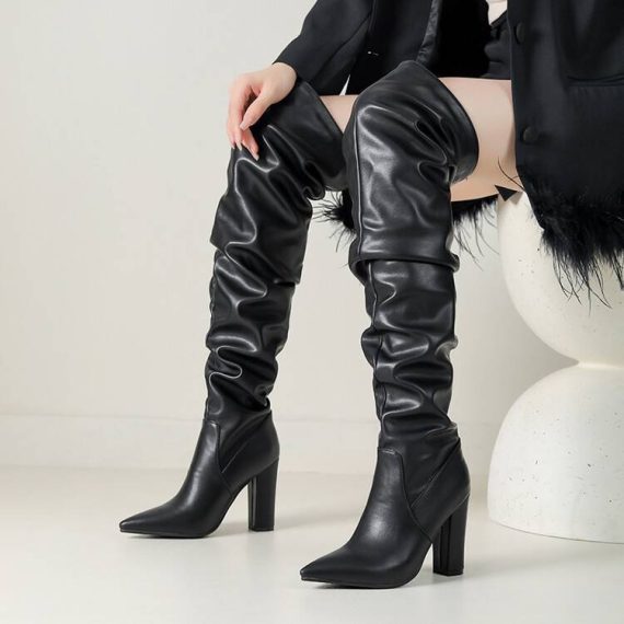 Heels | Womens  Black Pu Point Toe Western Style High Heeled Over The Knee Boots Heels Black