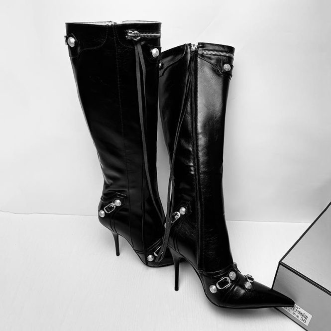 Heels | Womens  Black Pu Zip Detail Point Toe Mid Heeled Knee Boots Boots Black