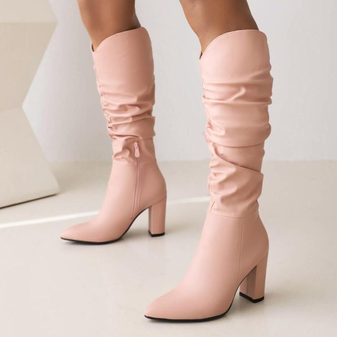 Heels | Womens  Cream Matte Pu Round Toe Ruched Over The Knee Block Heeled Boots Boots Boots