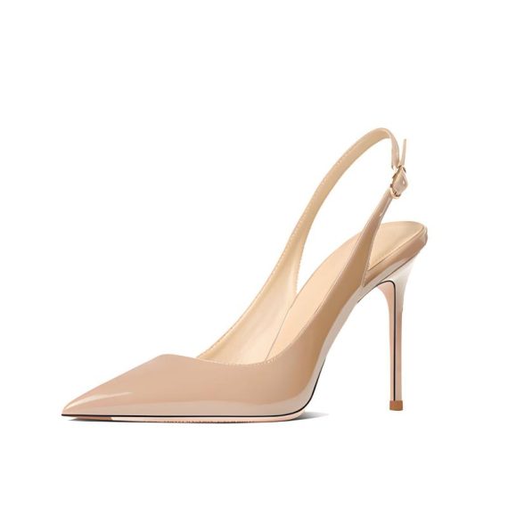 Heels | Womens  Cream Pu Point Toe Boxy Cut Sling Back Heeled Courts Heels Cream