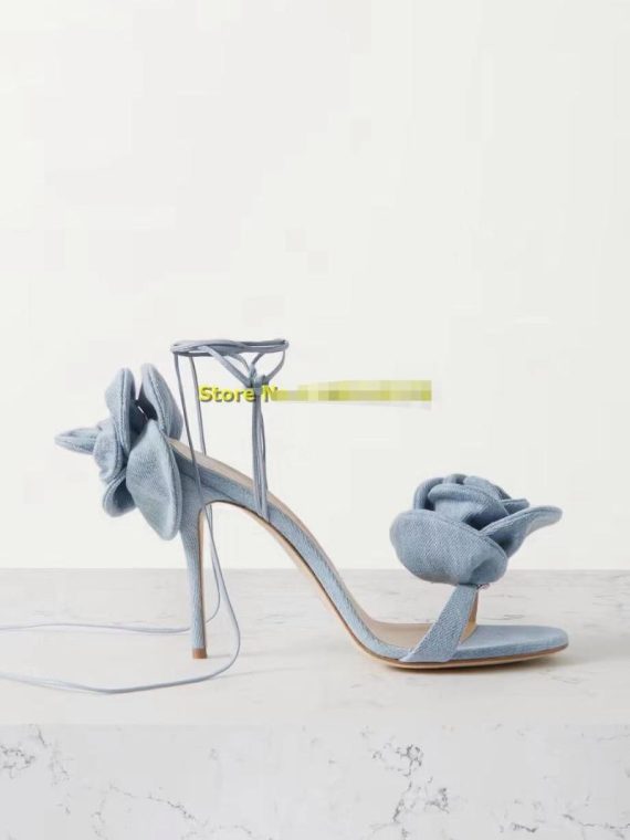 Heels | Womens  Denim Round Toe Side Rose Detail High Heeled Sandals Heels Denim