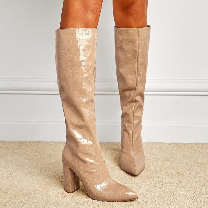 Heels | Womens  Nude Pu Croc Round Toe High Heeled Block Knee Boots Heels Heels