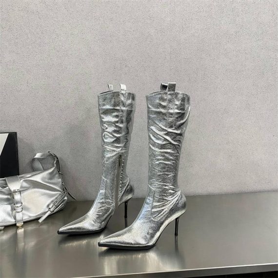 Heels | Womens  Silver Metallic Western Pointed Wedge Heeled Knee Boots Heels Heels