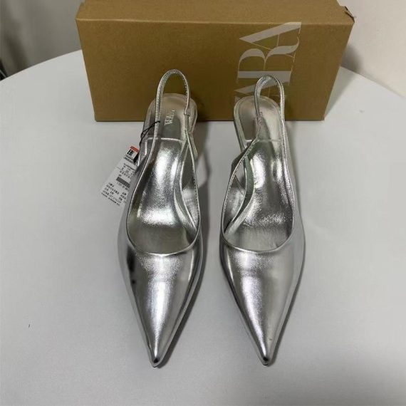 Heels | Womens  Silver Pu Point Toe Sling Back Mid Heeled Courts Heels Heels