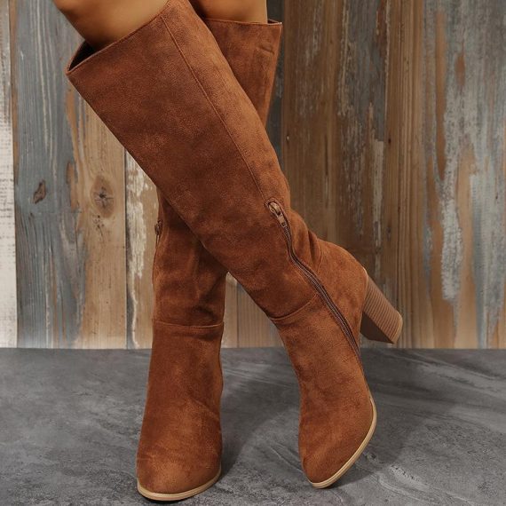 Heels | Womens  Tan Distressed Pu Point Toe Knee High Heeled Boots Heels Brown