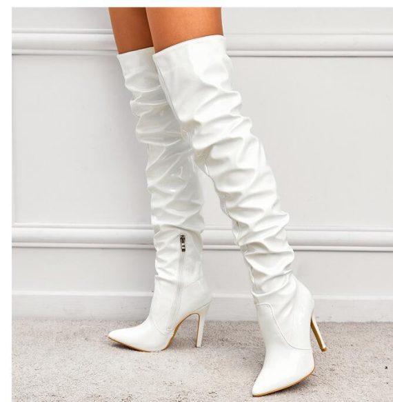 Heels | Womens  White Pu Point Toe Western Style High Heeled Over The Knee Boots-1 Heels Heels