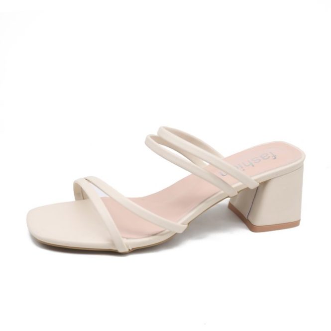 Heels | Womens  White Pu Wide Fit Square Toe Strappy Block Heeled Mules Heels Heels