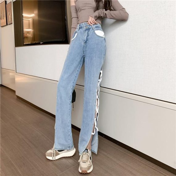 Jeans | Womens  Light Blue Side Lace Up Bow Detail Wide Leg Jeans Clothing Jeans