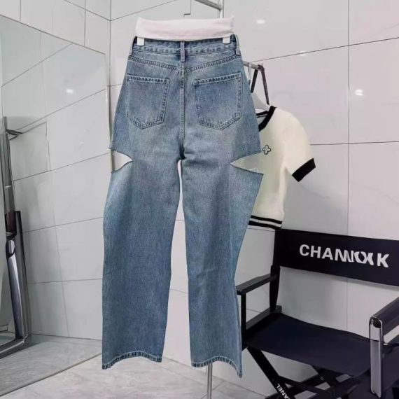 Jeans | Womens  Light Blue Wash Asymmetric Waistband Baggy Low Rise Thigh Split Boyfriend Jeans Clothing Jeans