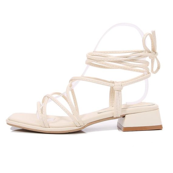 Lace Up Heels | Womens  Cream Pu Square Toe Strappy Lace Up Block Heeled Sandals Lace Up Heels Cream