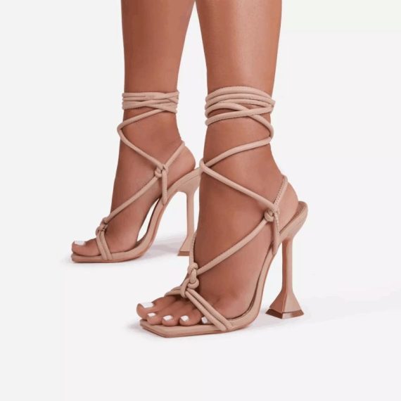 Lace Up Heels | Womens  Nude Pu Crinkle Lace Up Low Heeled Sandals Heels Heels