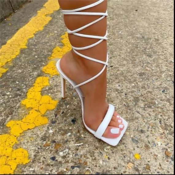 Lace Up Heels | Womens  White Pu Square Toe Triple Strap Lace Up Mid Heeled Sandals Heels Heels