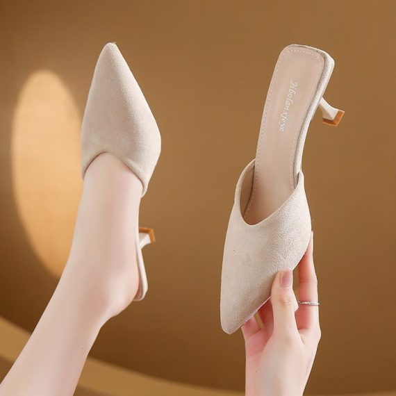 Mules | Womens  Beige Faux Suede Point Toe Mid Stiletto Heeled Mules Heels Beige