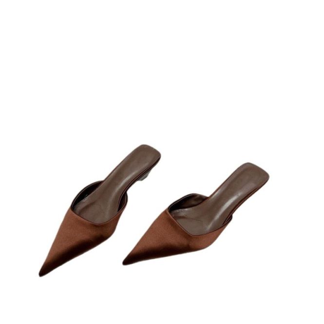 Mules | Womens  Chocolate Satin Point Toe Mid Stiletto Heeled Mules Mules Chocolate