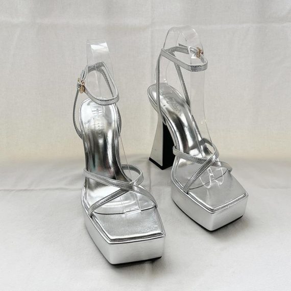 Platforms | Womens  Silver Metallic Pu Cross Multi Strap Slight Platform High Block Heeled Sandals Heels Heels