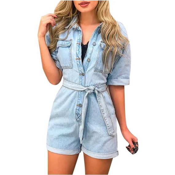 Playsuits | Womens  Light Blue Turn Up Hem Oversized Tie Waist Denim Playsuit Clothing Light Blue