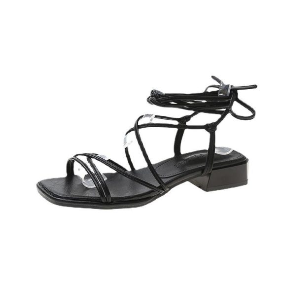 Sandals | Womens  Black Pu Croc Square Toe Asymmetric Strappy Block Heel Sandals Heels Black