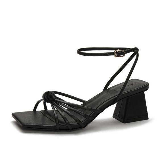 Sandals | Womens  Black Pu Square Multi Criss Cross Strap Block Heeled Tie Up Sandals Heels Black