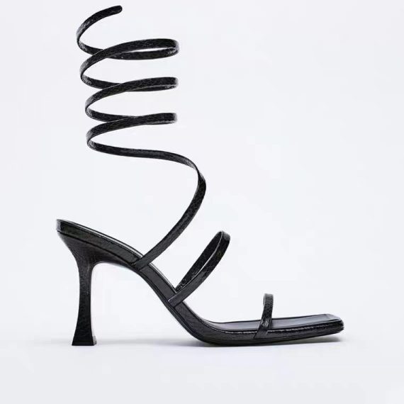 Sandals | Womens  Black Pu Square Toe Spiral Strap High Heeled Sandals Sandals Black