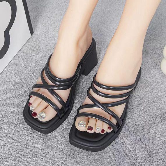 Sandals | Womens  Black Pu Square Toe Tube Strap Platform Block Heeled Sandals Heels Black