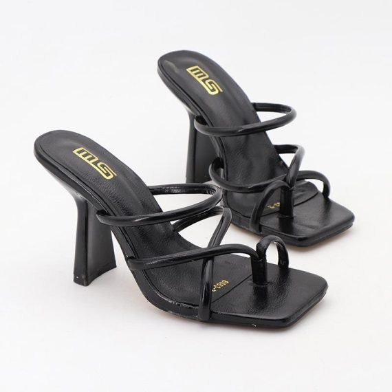 Sandals | Womens  Black Pu Toe Loop Strappy Block Heeled Mules Heels Black