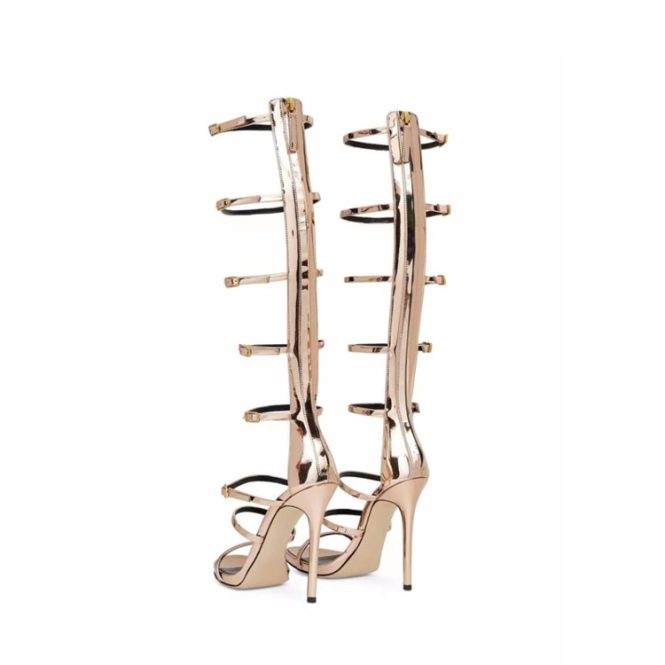 Sandals | Womens  Gold Pointed Multi Buckle Strap Knee High Heeled Sandals Lace Up Heels Gold