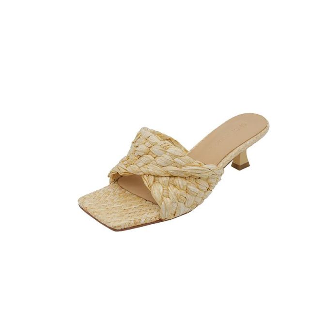 Sandals | Womens  Natural Square Toed Woven Raffia Strap Cork Platform Heeled Sandals Sandals Natural