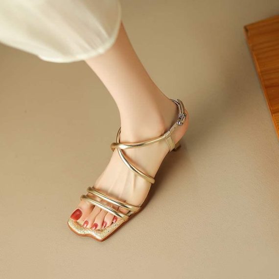 Sandals | Womens  Orange Metallic Pu Round Toe Multi Strap Block Heeled Sandals Sandals Orange