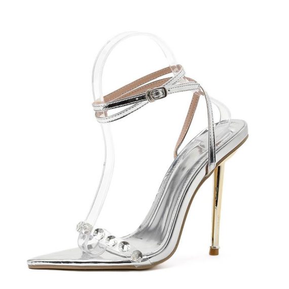 Sandals | Womens  Silver Metallic Pu Square Toe Barely There Buckle Heel Sandals Sandals Sandals