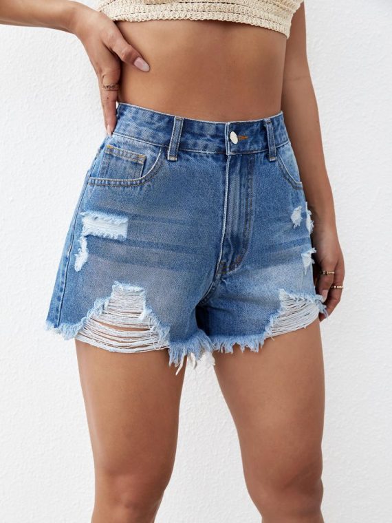 Shorts | Womens  Prettylittlething Light Blue Wash Ripped Hem Denim Shorts Clothing Light Blue Wash