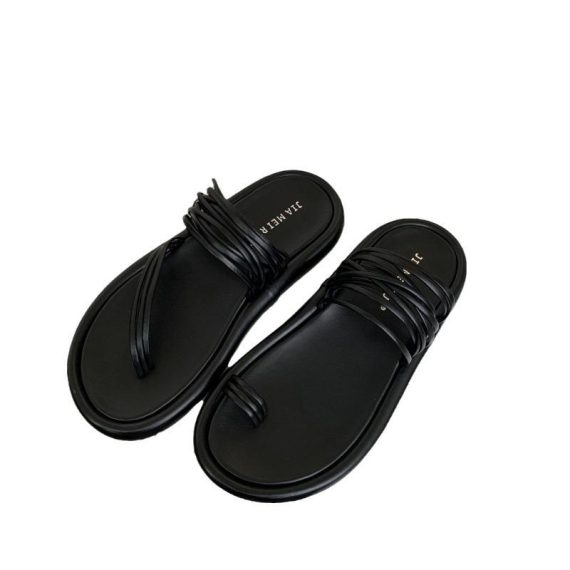 Sliders | Womens  Black Real Leather Round Toe Strap Detail Footbed Sandals Sandals Black